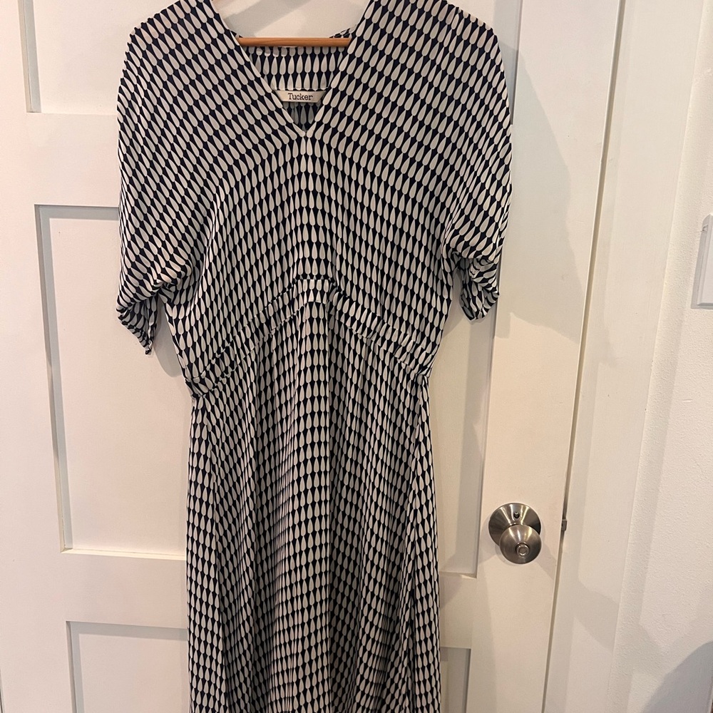 Tucker Navy and White A-Line Midi Dress with Dolman Sleeves
